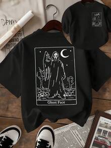 Figura misteriosa bajo la luna sosteniendo una máscara simbólica que representa la dualidad entre el miedo y la fuerza interior en un paisaje nocturno rodeado de sombras y serenidad camiseta de mujer con estampado doble moderno y cómodo - Negro - Ver 8