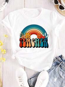 Camiseta de manga corta con estampado de ARCOÍRIS TEACHER y cuello redondo - Blanco - Ver 1