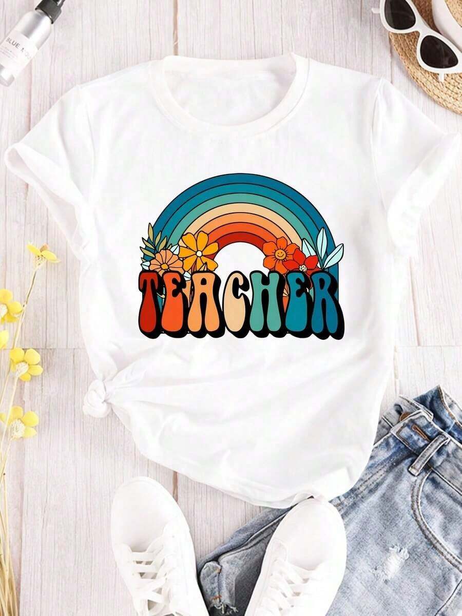 Camiseta de manga corta con estampado de ARCOÍRIS TEACHER y cuello redondo - Blanco - Ver 1