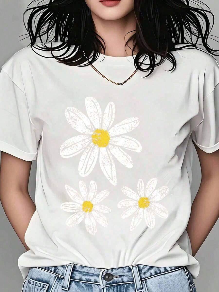 Women's Black Daisy Print T-Shirt, Casual Summer Short Sleeve Top With Yellow Floral Design In The Center For Daily Wear And Beach Outfits - 白色 - 查看 1