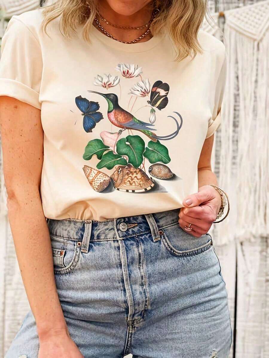 Camiseta con Estampado de Colibrí y Flores Silvestres, Camiseta Floral, Natural, para Aventuras al Aire Libre, Botánica, Camiseta Oversize, Vintage, Estilo Cottage - Blanco 9 - Ver 1
