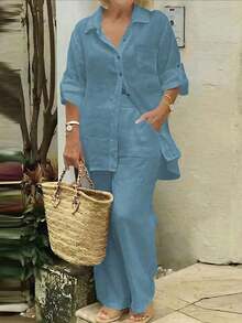 Cardigan casual con cuello polo ligero, blusa elegante de unicolor versátil adecuada para la playa, el diario, el trabajo, las compras, de tela suave, pantalones sueltos con cintura elástica, conjunto de 2 piezas, primavera/verano/otoño - Celeste - Ver 4