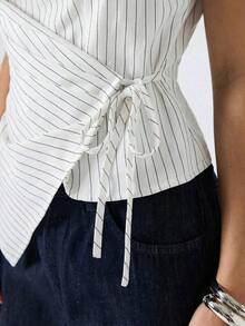 Camiseta de mujer de unicolor con dobladillo asimétrico, cintura con lazo y cuello redondo - Blanco - Ver 7