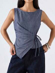 Camiseta de mujer de unicolor con dobladillo asimétrico, cintura con lazo y cuello redondo - Gris - Ver 6