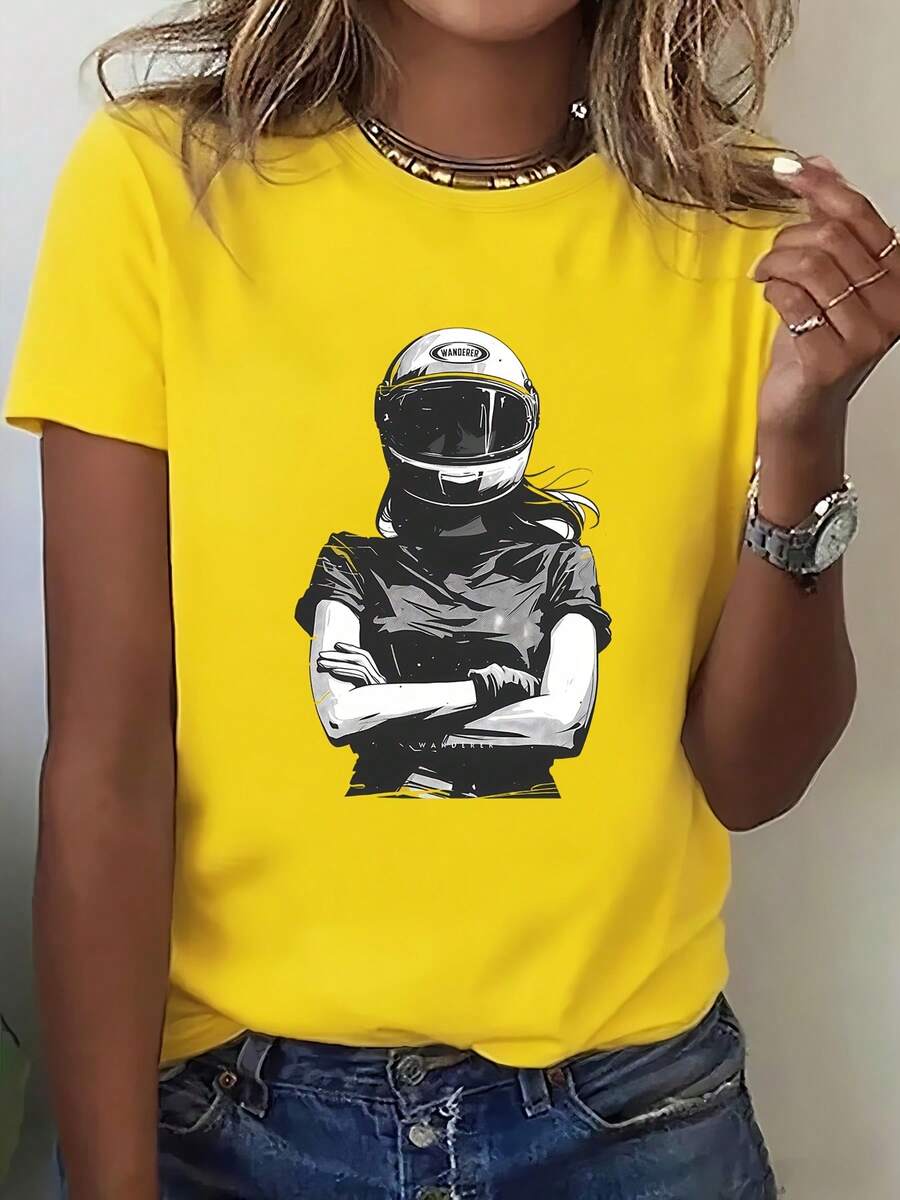 Top femenino manga corta cuello redondo en algodón puro, diseño estampado moderno, tela fresca y aireable, prenda versátil para look casual, ocasiones diarias y encuentros sociales todo el año - Amarillo - Ver 1