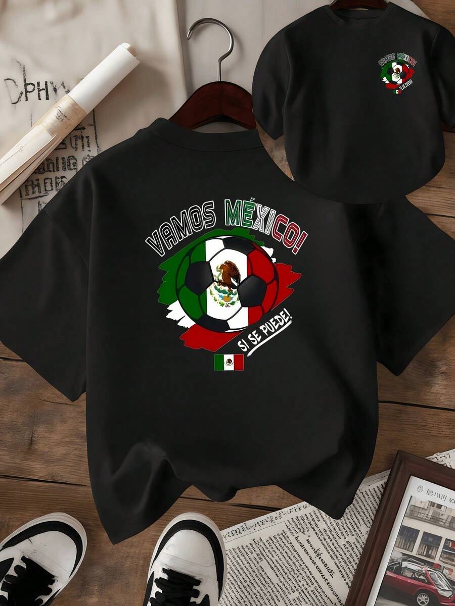 Bandera mexicana vibrante con balón de fútbol y frase motivadora que simboliza pasión por el deporte orgullo nacional y esperanza en la victoria camiseta de mujer de doble cara casual - Negro - Ver 1