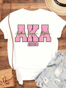 Alpha Alpha Aka 1908 Women's T-Shirt, Pink And Green Sorority T-Shirt For Women For Greek University Life Events And Celebrations, 220G - 白色 - 查看 3