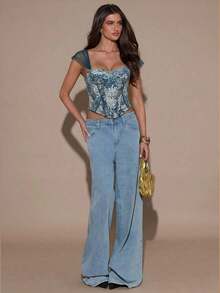 Blusa elegante de jacquard floral para mujer - Azul - Ver 3