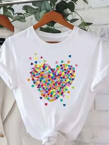 Playera Casual de Manga Corta para Mujer con Estampado de Corazones Geométricos, Top de cuello redondo Semitransparente, Uso Versátil en Todas las Temporadas, Corte Regular, playera Casual. - Blanco - Ver 6