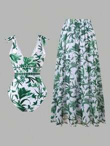 Swim Oasis Traje de baño de una pieza con cuello en V, estampado floral azul, diseño halter y espalda descubierta, con falda transparente.Atuendo de playa de verano de alta gama para mujer - Verde - Ver 2