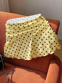 Minifalda acampanada fruncida con estampado de lunares para el verano - amarillo ganso - Ver 1