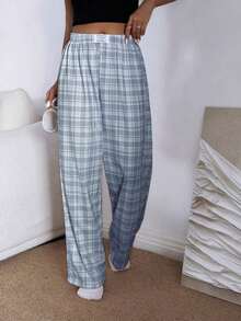 Pantalones de estar por casa rectos de cintura elástica con estampado de cuadros para mujer, para invierno - Azul - Ver 6