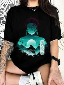 D-DemonSS S-SlayerS Silhouette T-shirt, Anime Night Sky T-shirt, Streetwear för fans - Svart - Visa 6