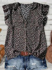 Clasi Blusa de mujer de verano con cuello en V y mangas cortas con estampado floral - Negro - Ver 2