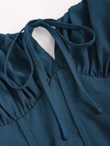 Vestido elegante sin mangas de mujer de unicolor con pliegues y atar delantero con calado - Agua verde azul - Ver 3