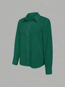 Camisa de mujer casual de manga larga a rayas con un solo abotonado - Verde Oscuro - Ver 4