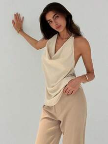 Camiseta ajustada con escote en pico minimalista y elegante para mujer - Albaricoque - Ver 3