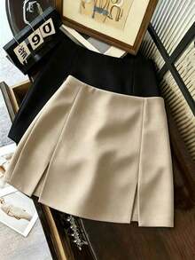 Falda casual versátil de cintura baja con abertura, falda gris, falda A-line de doble capa con bajo con abertura, falda casual de mujer, mini falda, falda corta ajustada de cintura alta con abertura, falda casual versátil para uso diario, r - Caqui - Ver 5