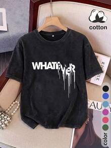 WHATEVER" Camiseta de verano para mujer, lavada, de ajuste holgado, casual, de manga corta con estampado de textura de goteo, para salidas diarias/uso en casa/regalo - Negro - Ver 1