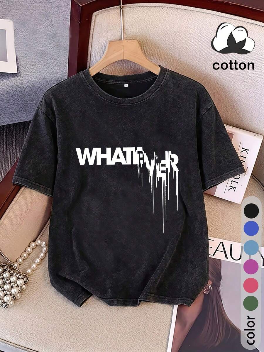 WHATEVER" Camiseta de verano para mujer, lavada, de ajuste holgado, casual, de manga corta con estampado de textura de goteo, para salidas diarias/uso en casa/regalo - Negro - Ver 1