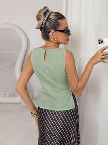 Camisa blanca sin mangas de algodón y lino, ajustada, con botones de nudo de bambú, estilo vintage para oficina - verde menta - Ver 2