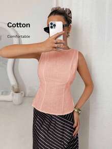 Camisa blanca de lino sin mangas, ajustada, con botones de nudo de bambú, estilo vintage para oficina - Rosa vieja - Ver 8