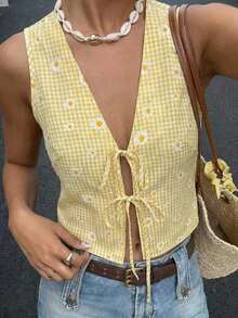 Camisa casual de mujer con nudo delantero y estampado de cerezas para vacaciones - Amarillo - Ver 8