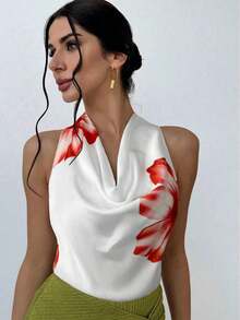 Blusa elegante minimalista con cuello drapeado y lazo delantero para mujeres, color albaricoque - Blanco - Ver 1