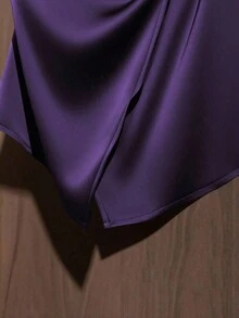 Camisa de mujer con estampado de flores silvestres, cuello, sin mangas, con lazo en la cintura - Morado - Ver 3