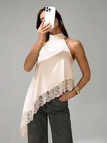 Tall Blusa sin mangas elegante y formal con cuello halter asimétrico, adorno de encaje y hombros descubiertos para fiesta, cóctel, boda o salida nocturna en primavera, verano y otoño - Albaricoque - Ver 5