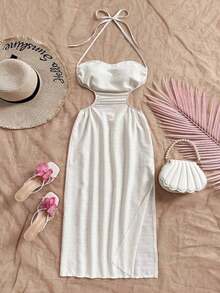 Vestido largo con espalda calada y lazo, cuello drapeado, lazo en la cintura, abertura alta, adecuado para vacaciones, festivales de música, estilo bohemio, vacaciones, citas, té de la tarde - Beis - Ver 5