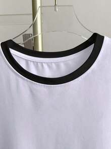 Camiseta casual de mujer con estampado de leopardo, patrón de corazón y bloqueo de color en cuello redondo - Blanco 4 - Ver 3