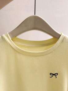 Camiseta casual de manga larga, cuello redondo, con estampado de lazo, color negro para mujer - Amarillo - Ver 3