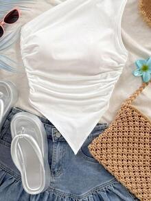Blusa asimétrica de hombro con bajo asimétrico en color rojo rosa, ideal para vacaciones de verano - Blanco - Ver 8
