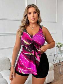 Swim Lushoire Vestido de baño con estampado de mármol para playa de talla grande y pantalones cortos de baño sólidos - Rosa Fucsia - Ver 3