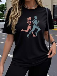 Camiseta de manga corta para mujer, diseño único con estampado artístico y creativo de correr, colorido y moderno. Cuello redondo elástico y transpirable, ideal para usar cómodamente al aire libre en primavera y verano. - Negro - Ver 2
