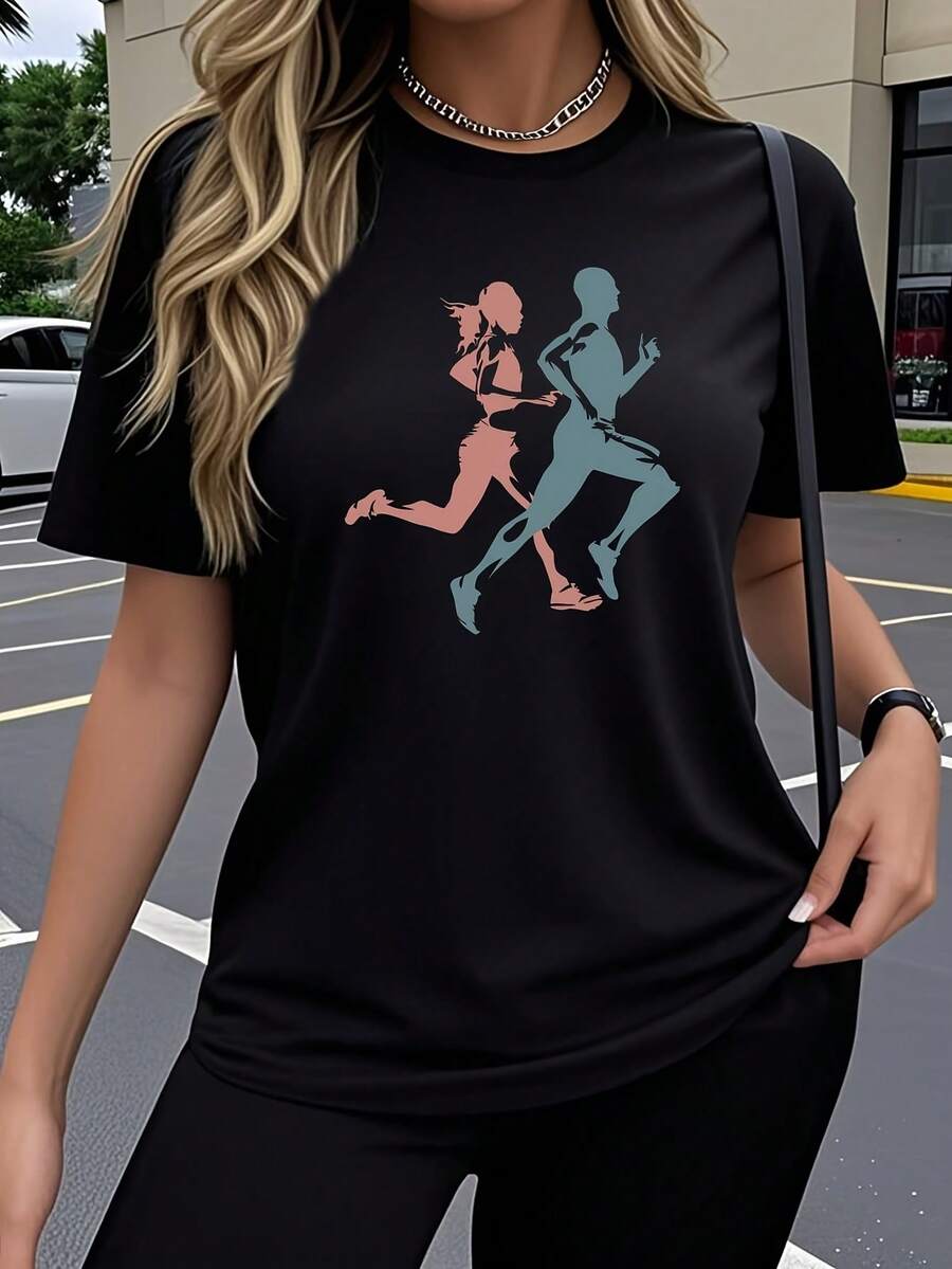 Camiseta de manga corta para mujer, diseño único con estampado artístico y creativo de correr, colorido y moderno. Cuello redondo elástico y transpirable, ideal para usar cómodamente al aire libre en primavera y verano.