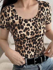 Camiseta de manga corta de unicolor casual para mujer, verano - Óxido marrón - Ver 3
