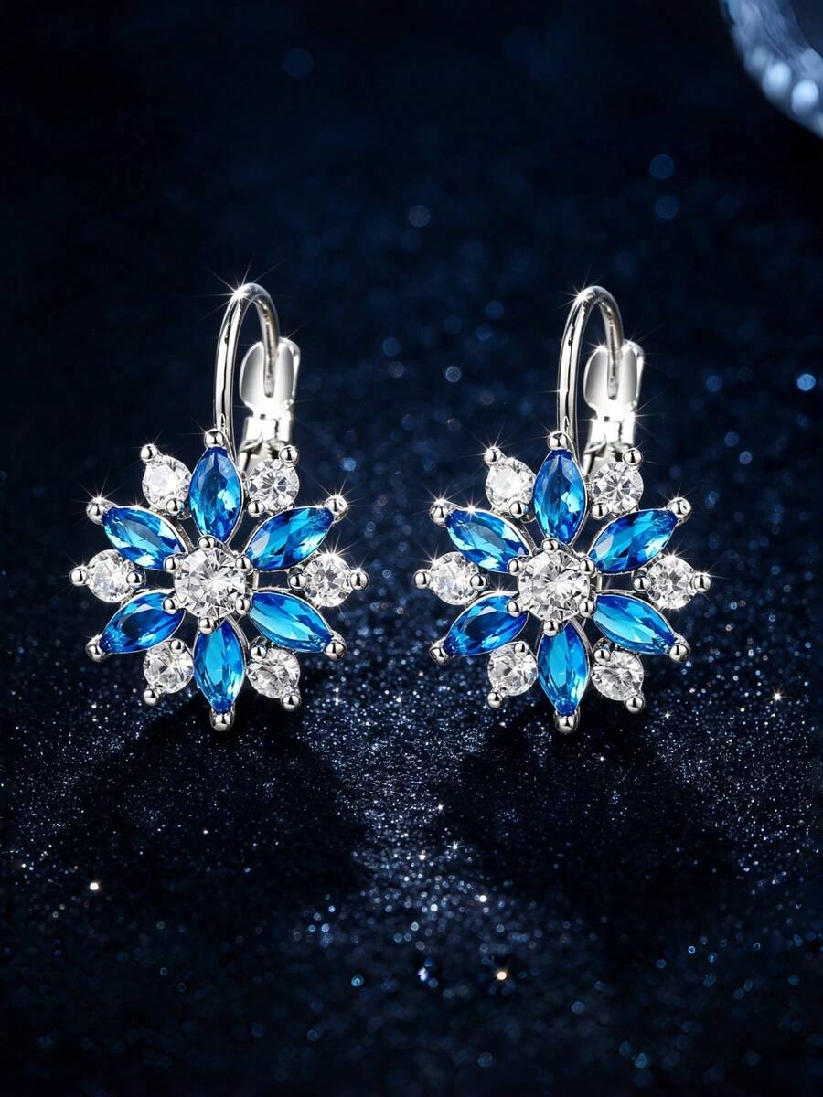 1 par de pendientes de cobre con circonita azul marino y estilo floral europeo y americano, elegantes pendientes versátiles para fiestas para mujeres - Azul - Ver 1