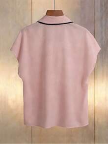 Blusa con estampado de pañuelo de cuello en V de manga corta tipo murciélago, versátil para uso casual y de oficina, color beige.Camisa holgada de unicolor, informal, para uso en verano. - Rosa vieja - Ver 2