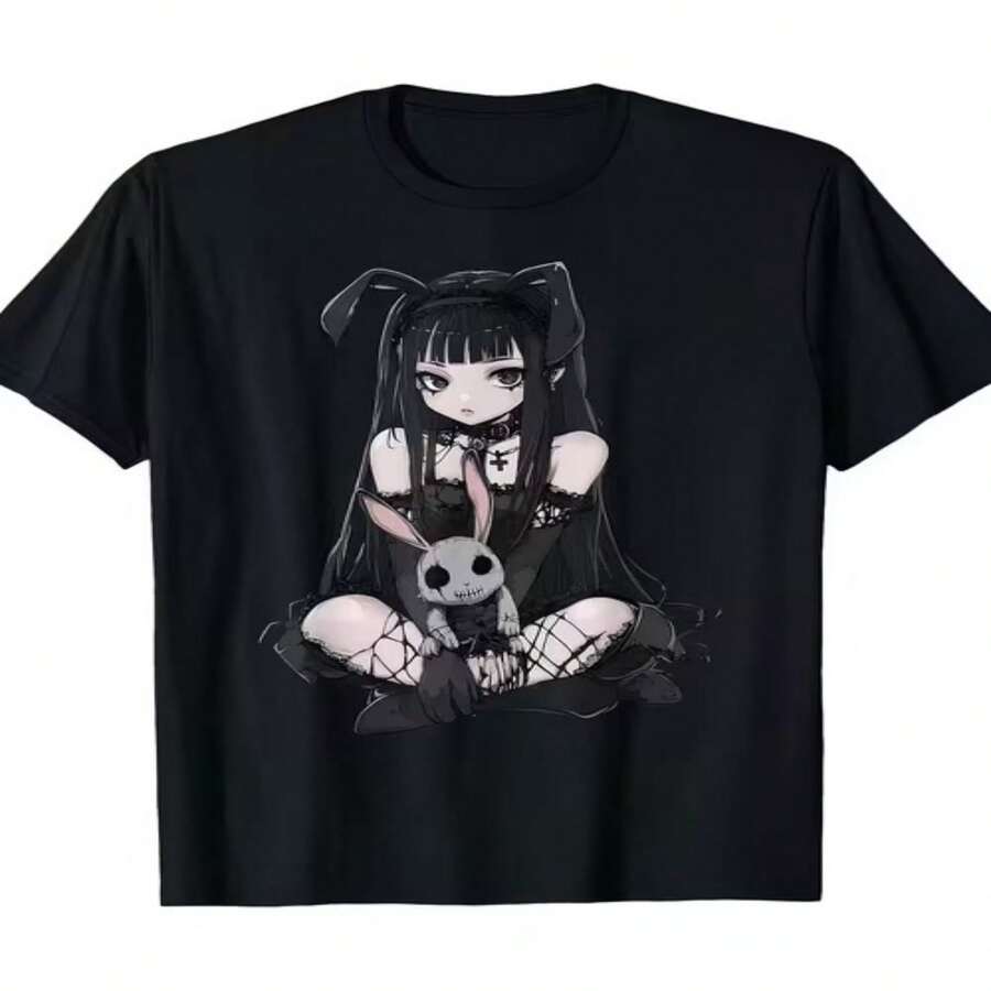 Women's Goth Anime Girl with Bunny Print Casual Cotton Round Neck Short Sleeve T-Shirt, Slight Stretch Regular Length Top - Negro - Ver 1