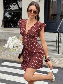 Vestido casual de vacaciones para mujer con mangas de volantes y botones delanteros de unicolor, vestidos de verano para mujer, vestido de té de vacaciones - Marrón - Ver 1