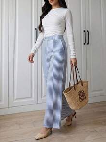 Pantalones de traje a rayas azul marino para mujer, de cintura alta, elegantes y de moda, con pliegues, cintura elástica, rectos y anchos, casuales, adecuados para primavera/otoño, uso diario y versátiles - Azul y blanco - Ver 2