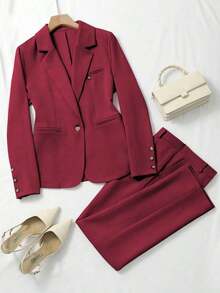 Traje de chaqueta y pantalón de un solo pecho de unicolor de manga larga, conjunto de traje elegante - Burdeos 2 - Ver 7