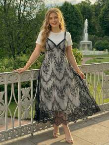 MOD Vestido largo camisero de 2 en 1 con bloque de color y encaje, tallas grandes para mujer - Blanco y Negro - Ver 1