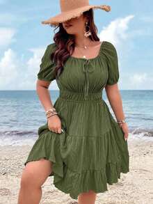 Clasi Vestido corto de manga corta en color burdeos de uso diario, sencillo y liso para mujeres de talla grande - Verde militar - Ver 8