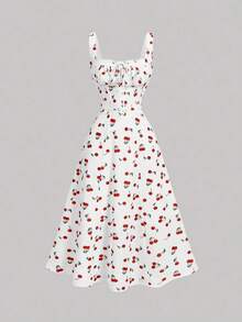 MOD Vestido floral con panel delantero de encaje, cuello cuadrado, espalda recogida con lazo, vestido de fiesta, vestido de brunch, vestido de vacaciones, vestido de banquete, vestido del Día de San Valentín, atuendos de vacaciones en la playa, estilo bohemio, vestidos de verano, vestido maxi floral blanco y azul para invitada de boda, estilo cottagecore, vestido línea A sin mangas de cuello cuadrado, vestido de verano elegante para boda en jardín, fiesta de cóctel, compromiso, reunión festiva - Rojo y blanco 2 - Ver 2