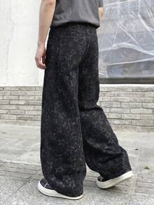 ONE.DINY Men's Retro Jacquard Loose Wide-Leg Jeans, Men's Fashion Streetwear Loose Casual Pants - Black - View 2