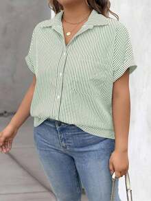 Vionelle Blusa casual de talla grande para mujer con estampado de rayas azul y blanco, de manga corta y abotonada, para el verano - Verde - Ver 6