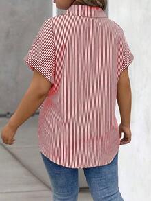 Vionelle Blusa casual de talla grande para mujer con estampado de rayas azul y blanco, de manga corta y abotonada, para el verano - Rojo - Ver 2